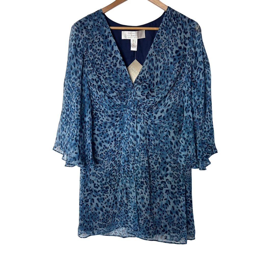 Badgley Mischka NWT Blouse Size 1X Blue Leopard Print Silk V Neck Flutter Sleeve